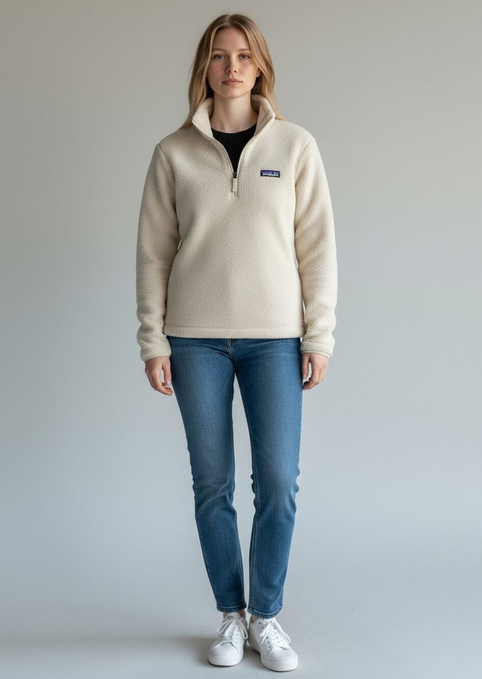 Patagonia Los Gatos 1/4 Zip Fleece Jacket Cream White Unisex Large Worn Wear